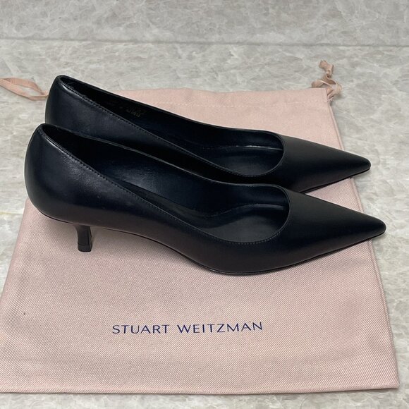 Stuart Weitzman Kitten Heels Pumps 6B Black Smooth Leather Pointed Toe Shoes - Picture 5 of 14